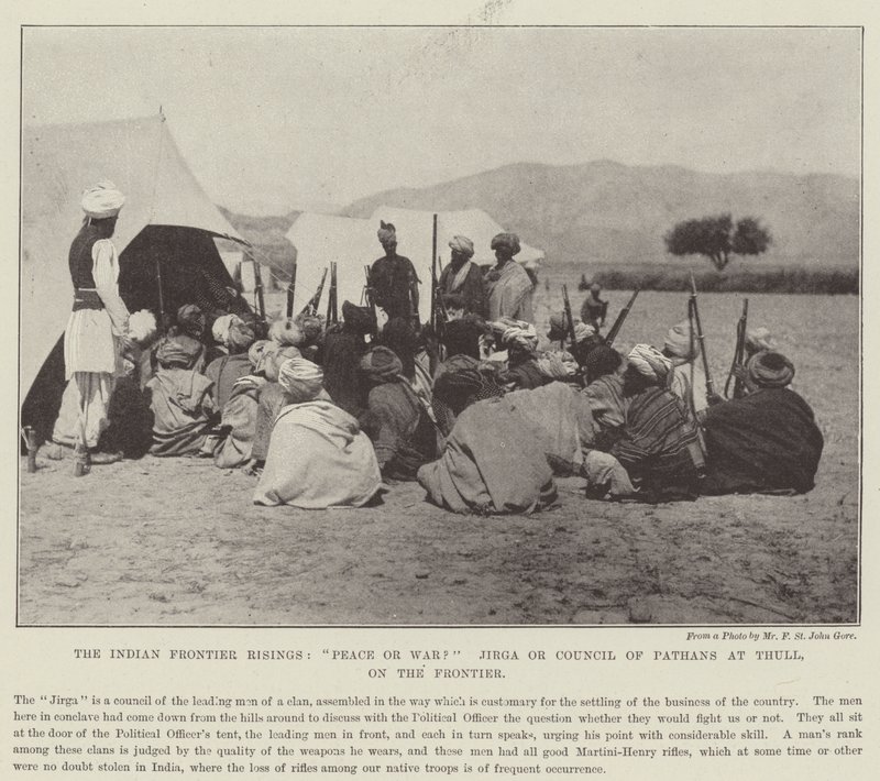 Los Levantamientos de la Frontera India, ¿Paz o Guerra? Jirga o Consejo de Patanes en Thull, en la Frontera de English Photographer