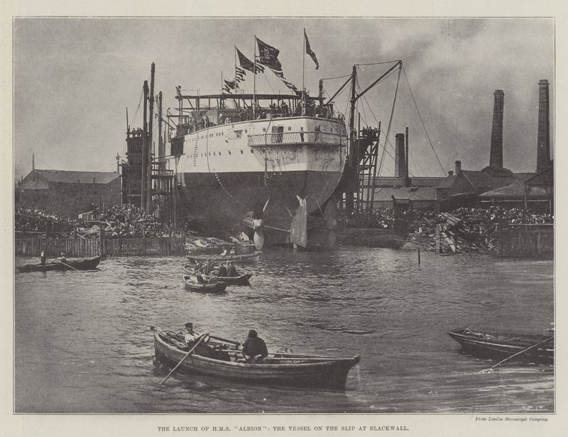 El lanzamiento del HMS Albion, el buque en la rampa en Blackwall de English Photographer