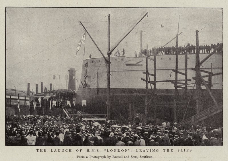 El lanzamiento del H.M.S. London, saliendo de los astilleros de English Photographer