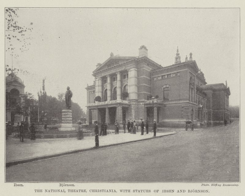 El Teatro Nacional, Christiania, con estatuas de Ibsen y Bjornson de English Photographer