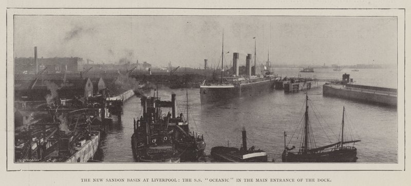 El nuevo Sandon Basin en Liverpool, el SS Oceanic en la entrada principal del muelle de English Photographer