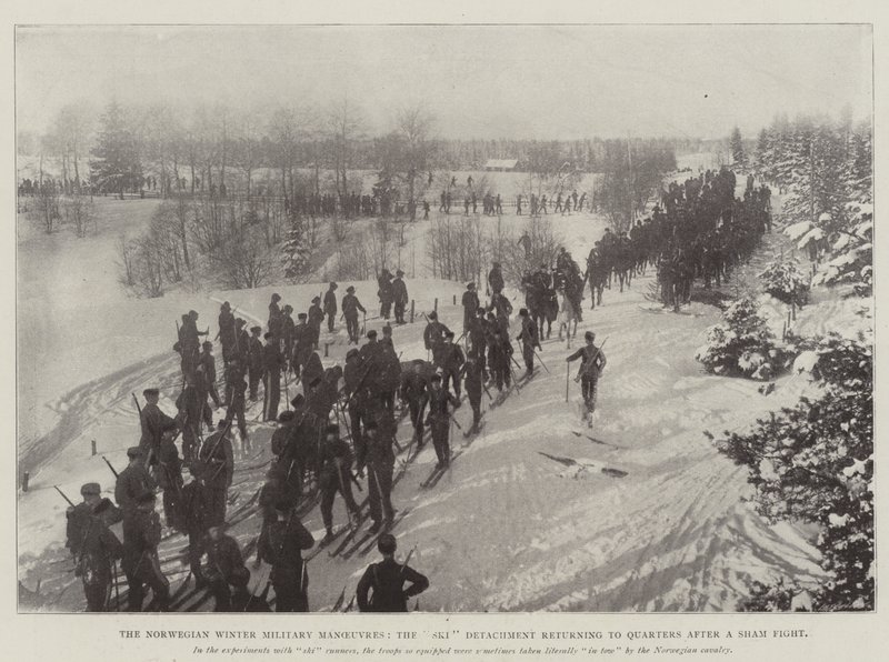 Las maniobras militares de invierno noruegas, el destacamento de esquí regresando a los cuarteles después de una pelea simulada de English Photographer