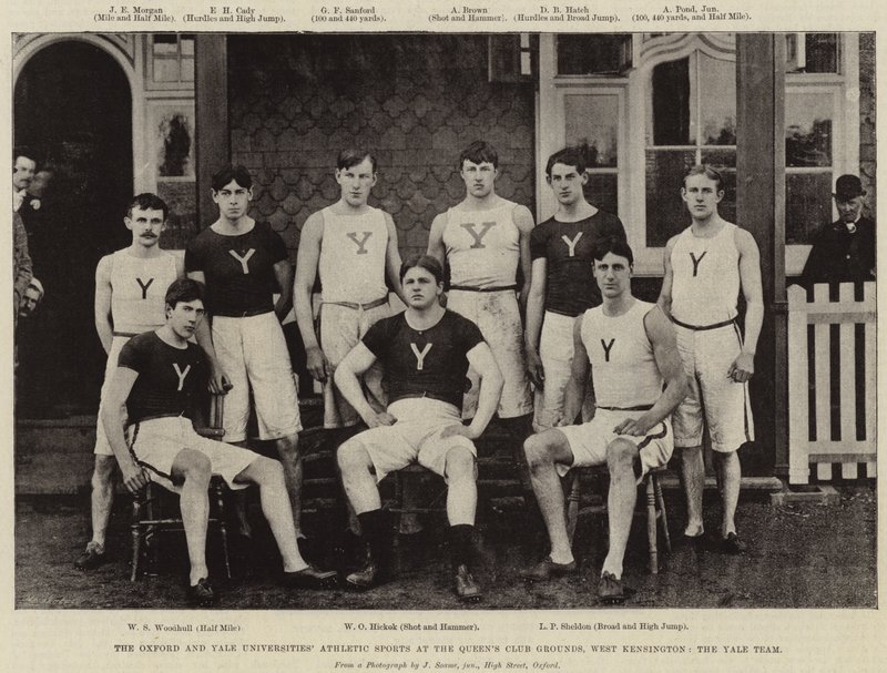 Los deportes atléticos de las universidades de Oxford y Yale en los terrenos del Queens Club, West Kensington, el equipo de Yale de English Photographer