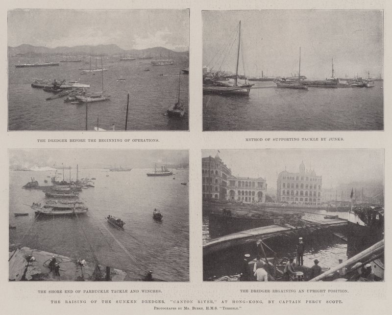 El levantamiento de la draga hundida, río Cantón, en Hong Kong, por el Capitán Percy Scott de English Photographer