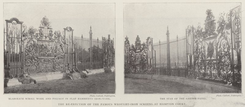 La re-erección de las famosas pantallas de hierro forjado en Hampton Court de English Photographer