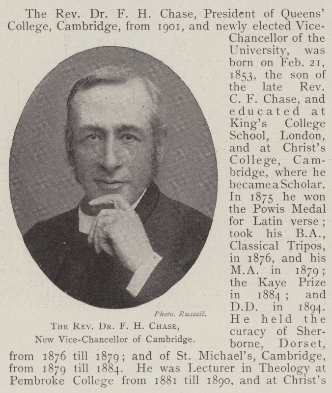 El reverendo Dr. F H Chase, nuevo vicerrector de Cambridge de English Photographer