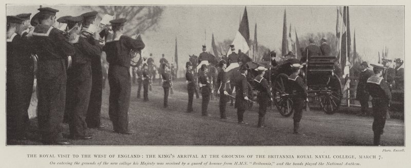 La visita real al oeste de Inglaterra, la llegada del rey a los terrenos del Britannia Royal Naval College, 7 de marzo de English Photographer