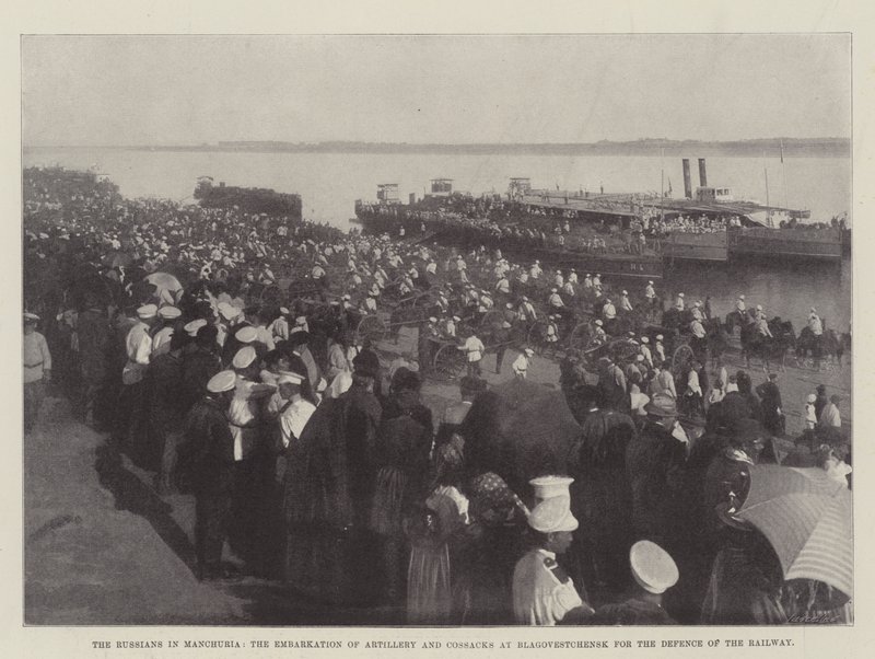 Los Rusos en Manchuria, el Embarque de Artillería y Cosacos en Blagoveshchensk para la Defensa del Ferrocarril de English Photographer