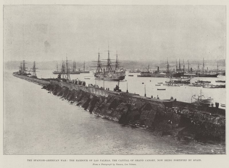 La guerra hispanoamericana, el puerto de Las Palmas, la capital de Gran Canaria, ahora fortificada por España de English Photographer