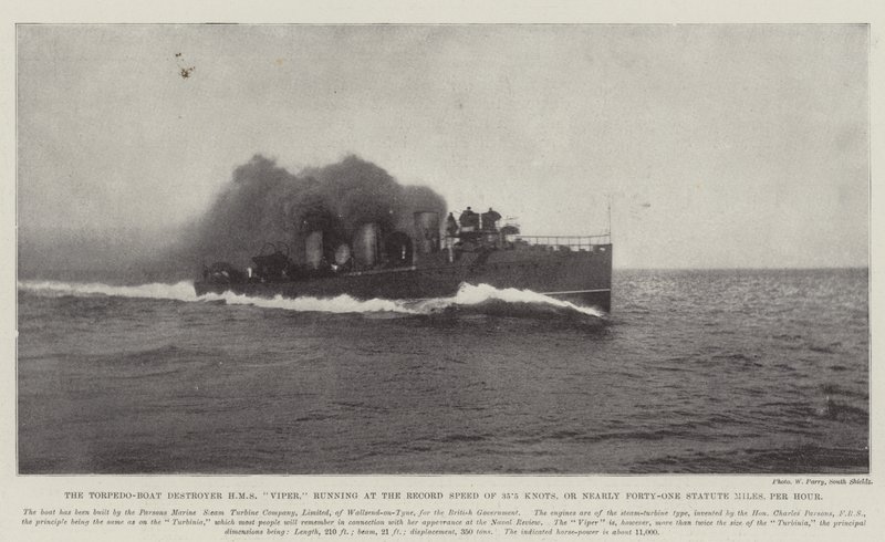 El Destructor de Torpedos HMS Viper, corriendo a la Velocidad Récord de 35.5 nudos, o casi Cuarenta y Unas Millas Estatutarias por Hora de English Photographer