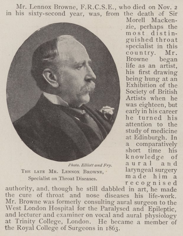 El difunto Sr. Lennox Browne, especialista en enfermedades de la garganta de English Photographer