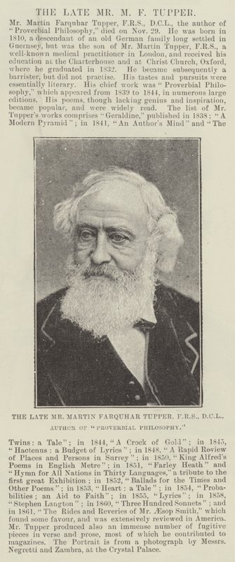 El difunto Sr. Martin Farquhar Tupper, FRS, DCL, Autor de Proverbial Philosophy de English Photographer