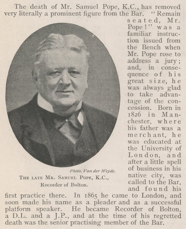 El Difunto Sr. Samuel Pope, KC, Registrador de Bolton de English Photographer