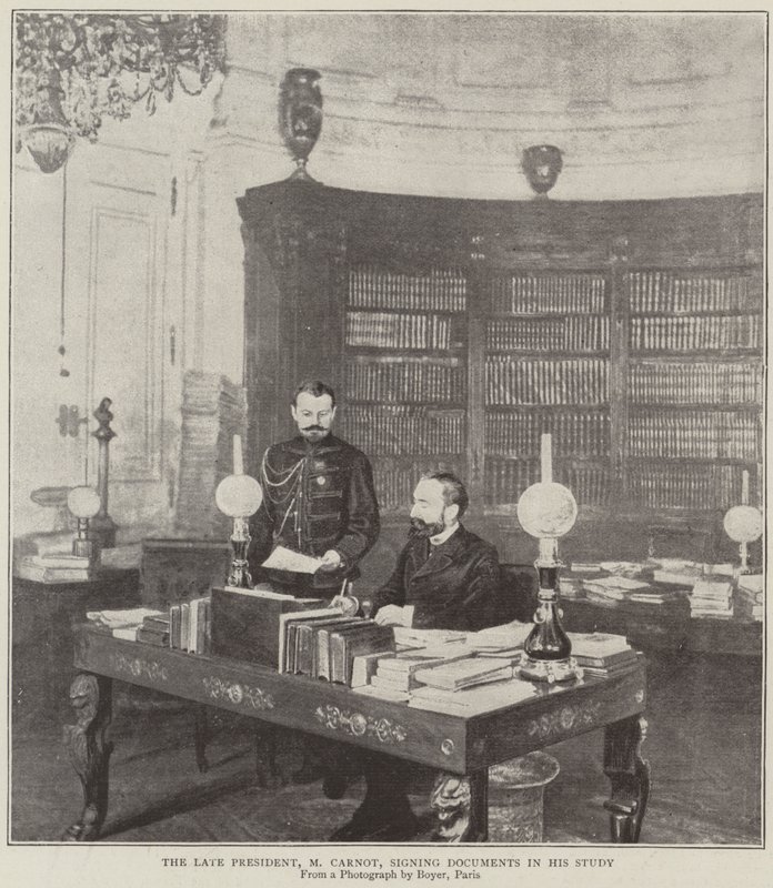 El difunto presidente, Sr. Carnot, firmando documentos en su estudio de English Photographer