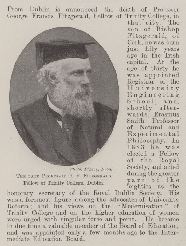 El difunto Profesor G F Fitzgerald, miembro del Trinity College, Dublín de English Photographer