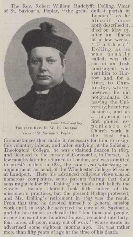 El difunto reverendo R W R Dolling, vicario de St Saviours, Poplar de English Photographer