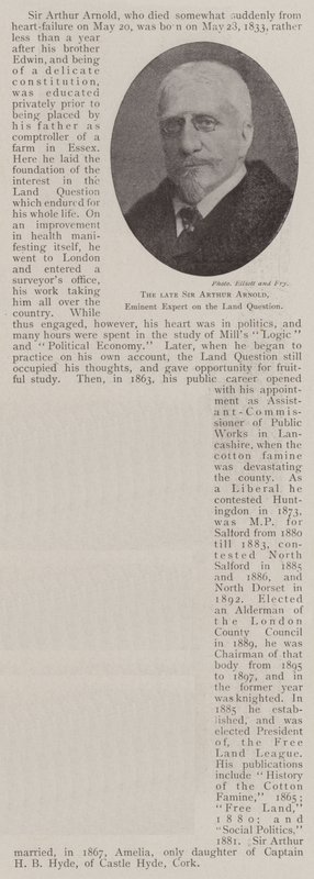 El difunto Sir Arthur Arnold, eminente experto en la cuestión de la tierra de English Photographer