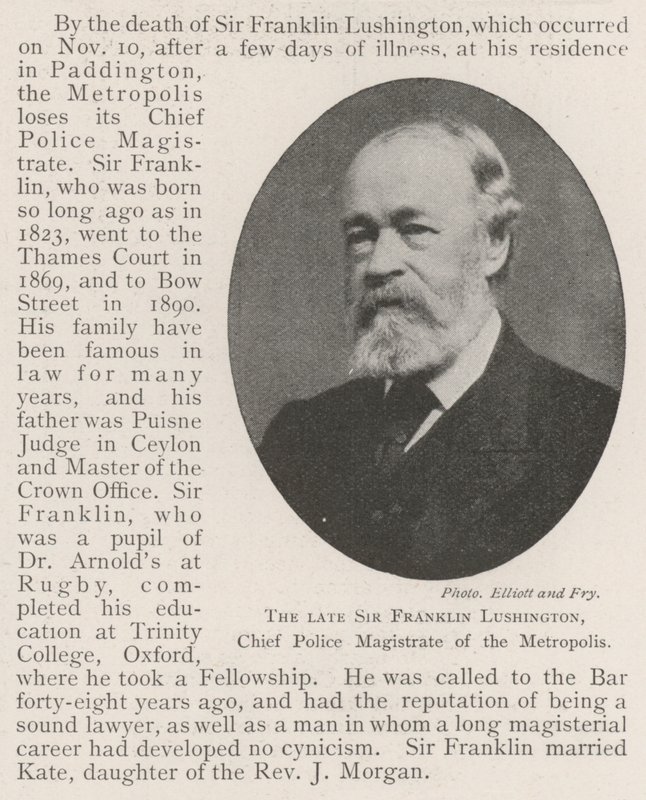 El difunto Sir Franklin Lushington, magistrado jefe de policía de la metrópolis de English Photographer