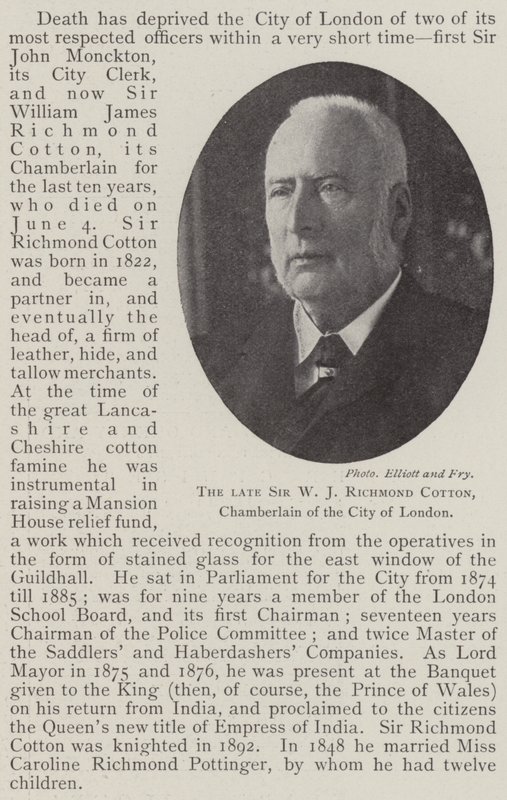 El difunto Sir W J Richmond Cotton, chambelán de la ciudad de Londres de English Photographer