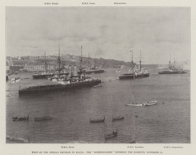 Visita del emperador alemán a Malta, el Hohenzollern entrando en el puerto, 15 de noviembre de 1898 de English Photographer