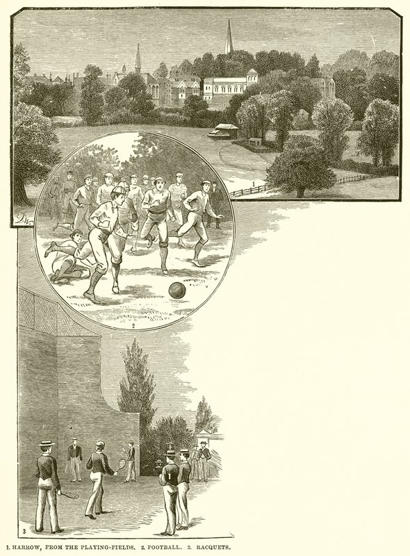 1. Harrow, desde los campos de juego. 2. Fútbol. 3. Raquetas de English School