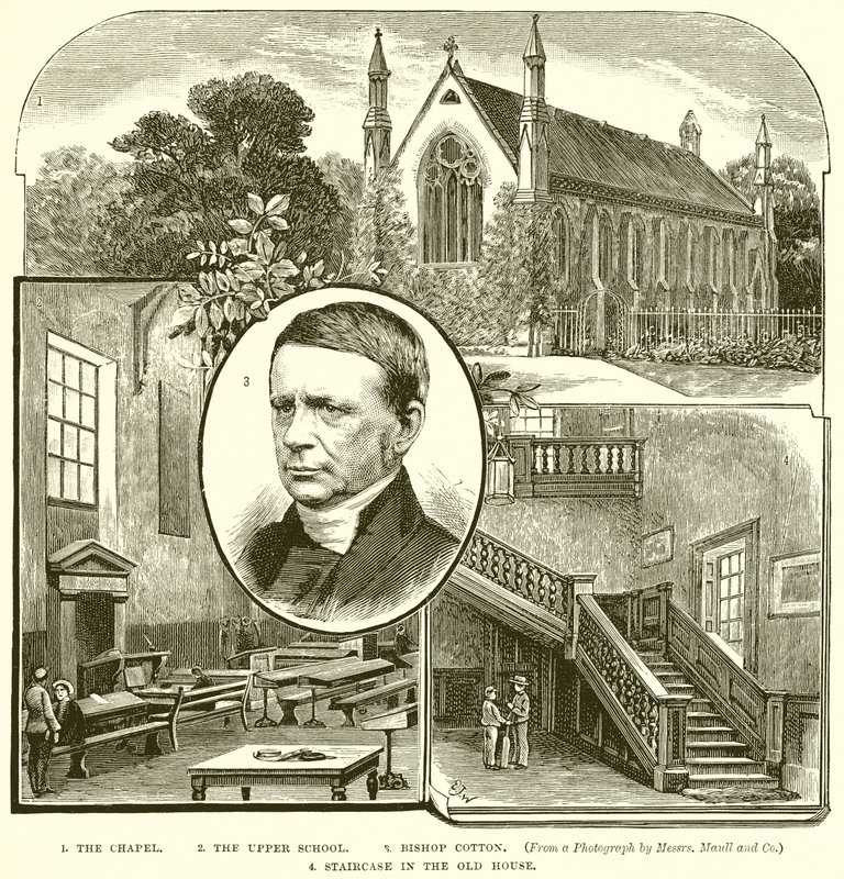1. La capilla. 2. La escuela superior. 3. Obispo Cotton. 4. Escalera en la casa vieja de English School