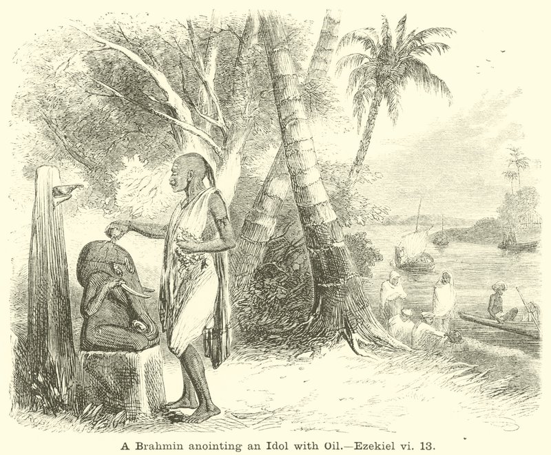 Brahmán ungiendo un ídolo con aceite de English School