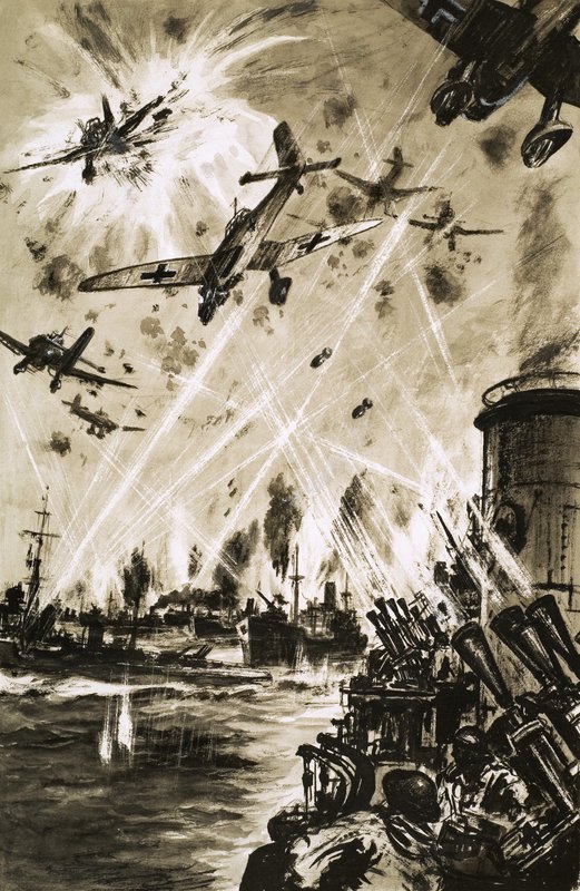 Un convoy británico en la Segunda Guerra Mundial bajo ataque de Stukas alemanes de English School