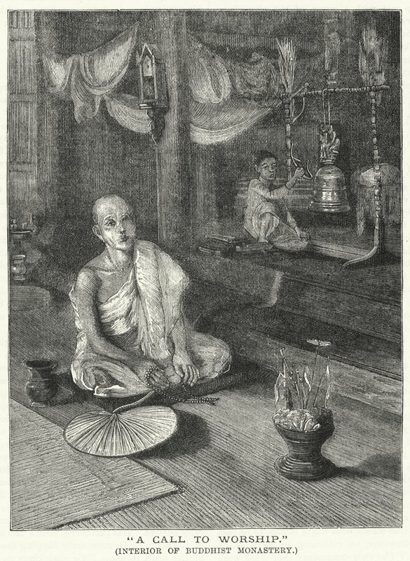 "Una llamada a la adoración," interior de un monasterio budista de English School