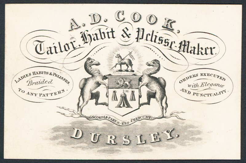 A D Cook, sastre, fabricante de hábitos y pelisses, tarjeta comercial de English School