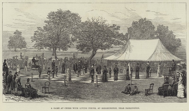 Una partida de ajedrez con piezas vivientes, en Heighington, cerca de Darlington (grabado) de English School