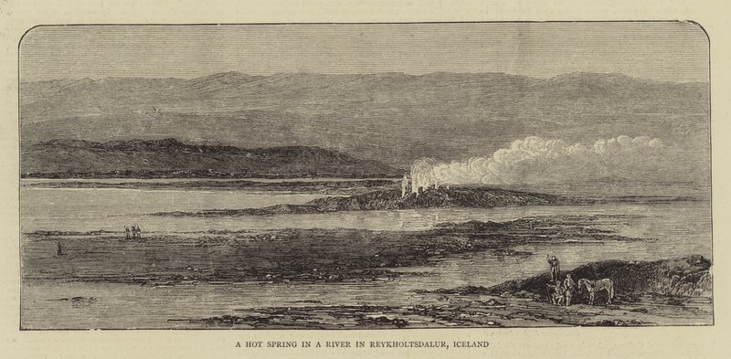 Un manantial caliente en un río en Reykholtsdalur, Islandia (grabado) de English School