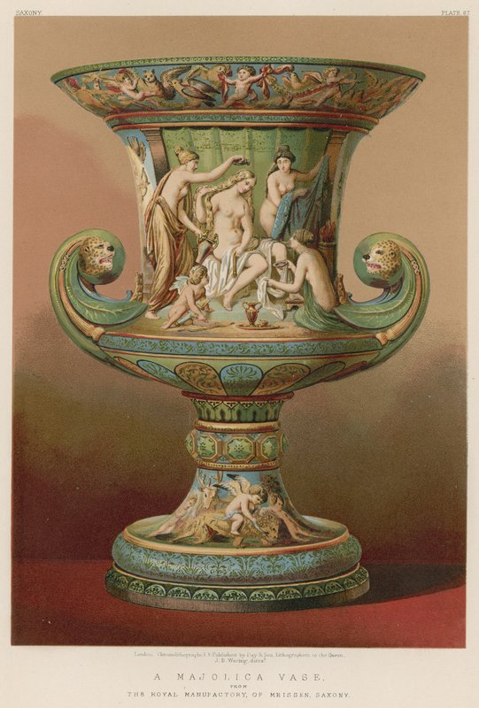 Jarrón de mayólica de la manufactura real de Meissen, Sajonia (cromolito) de English School