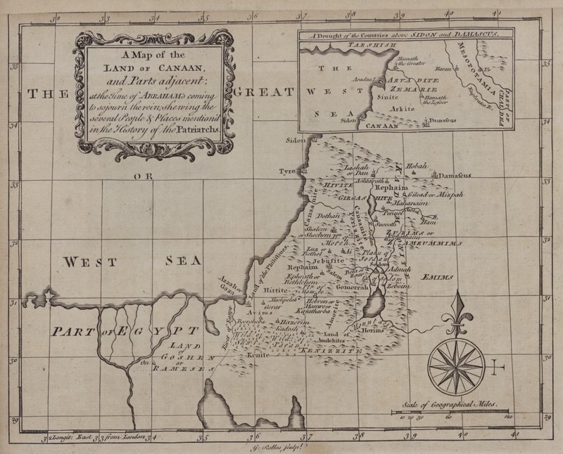 Mapa de la Tierra de Canaán, y partes adyacentes, en la época en que Abraham vino a residir en ella, mostrando los diversos pueblos y lugares mencionados en la Historia de los Patriarcas (grabado) de English School