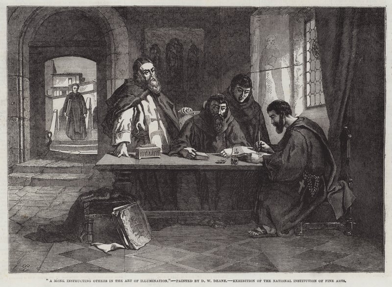 Un Monje instruyendo a otros en el Arte de la Iluminación (grabado) de English School