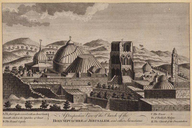 Vista de la iglesia del Santo Sepulcro en Jerusalén y otras estructuras de English School