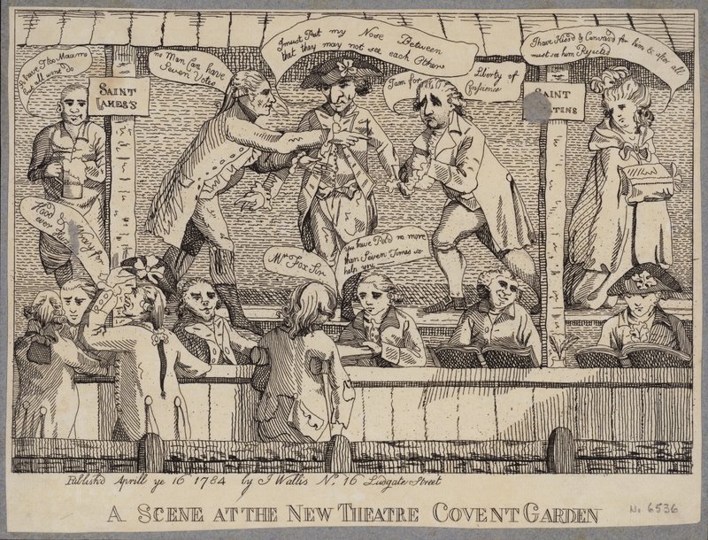 A Scene at the New Theatre, Covent Garden: sátira que representa un acto político en Covent Garden, Londres. de English School