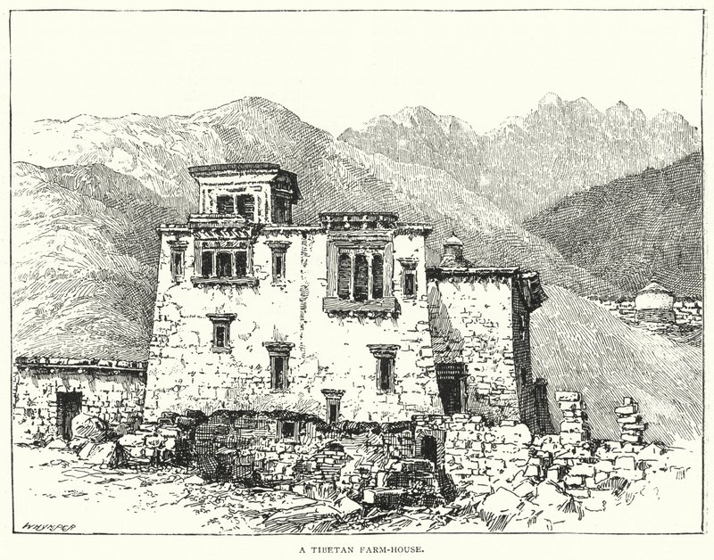 Una casa de campo tibetana (grabado) de English School