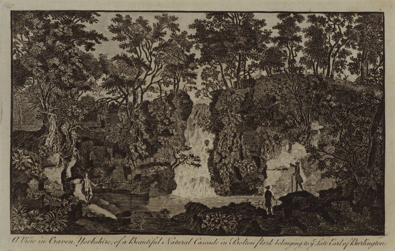 Una vista en Craven, Yorkshire, de una hermosa cascada natural en Bolton Park perteneciente a Ye Late Earl of Burlington (grabado) de English School
