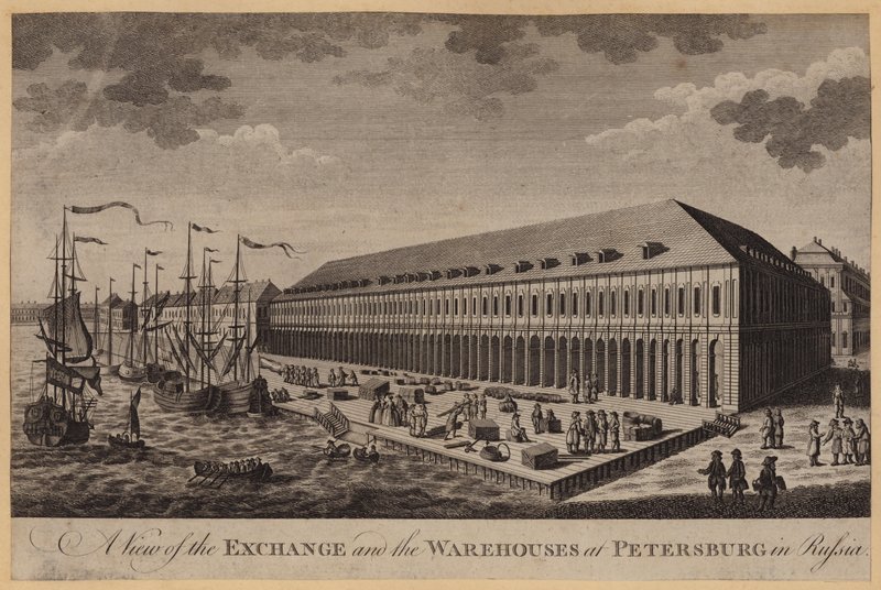 Vista de la Bolsa y los almacenes en Petersburgo, Rusia de English School