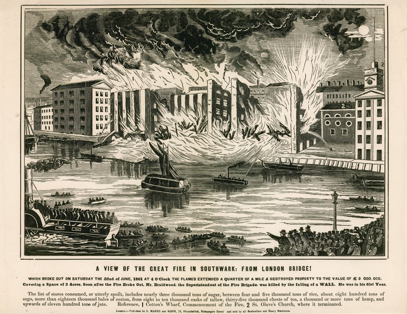 Vista del Gran Incendio en Southwark, desde el Puente de Londres de English School