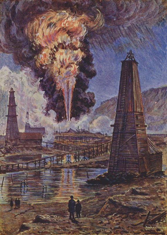 Un pozo de petróleo en llamas (litografía en color) de English School