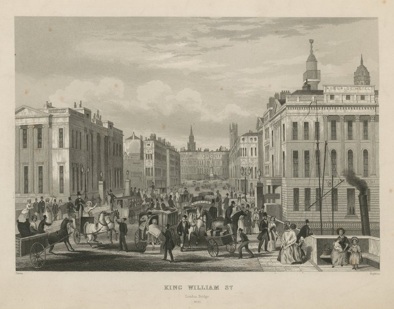 Una escena de calle concurrida en King William Street de English School