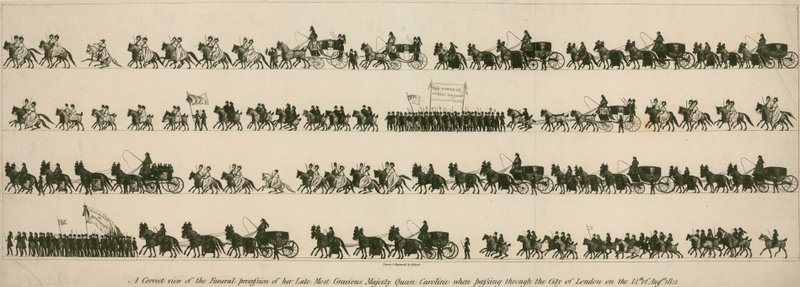 Una vista correcta de la procesión fúnebre de su difunta Majestad la Reina Carolina cuando pasaba por la Ciudad de Londres el 14 de agosto de 1821 de English School