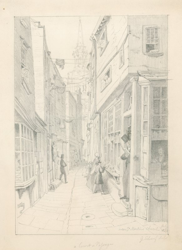 Un patio o pasaje cerca de la Iglesia de St Martins, Londres, julio 1828 de English School
