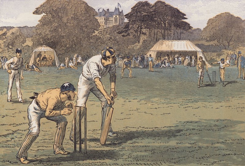 Un partido de críquet (litografía en color) de English School