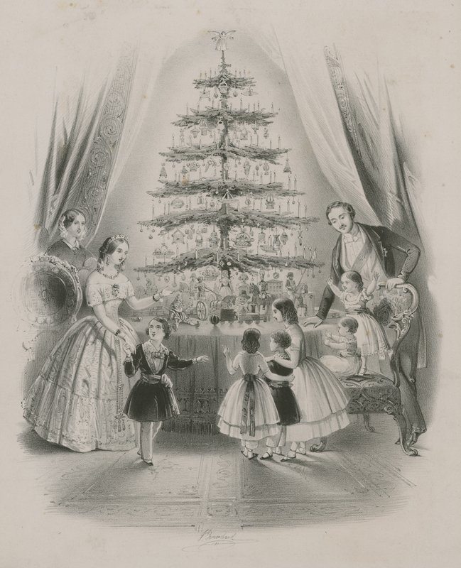 Una familia alrededor de un árbol de Navidad de English School