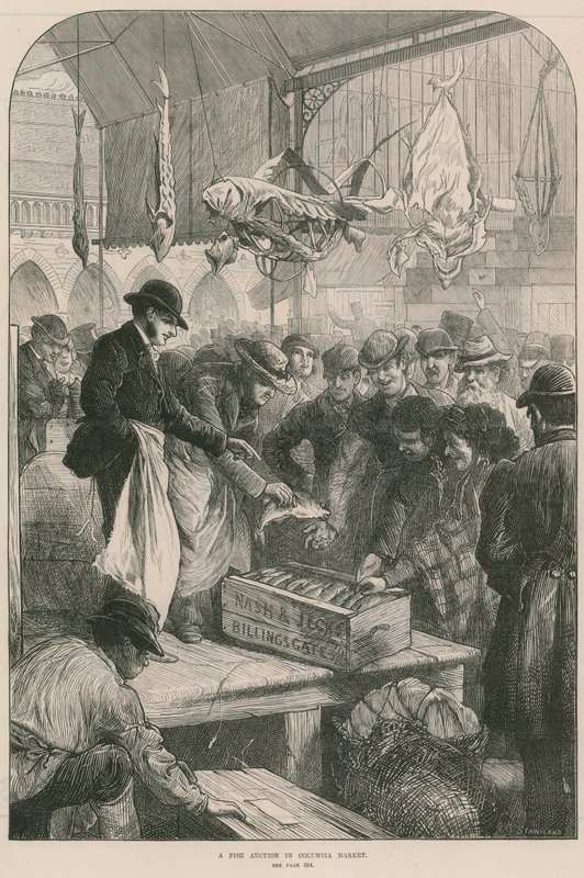 Subasta de pescado en el mercado de Columbia, Londres de English School