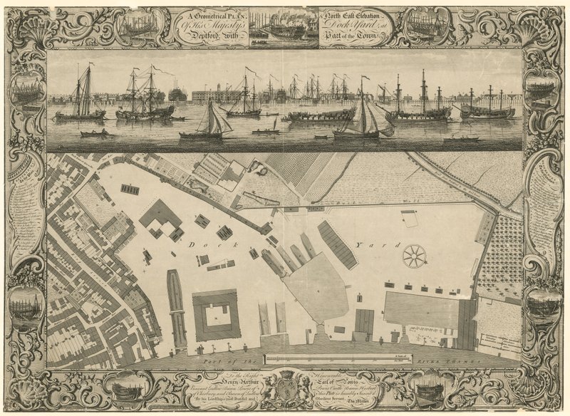 Plano Geométrico y Elevación Noreste del Astillero de Su Majestad en Deptford con Parte de la Ciudad de English School