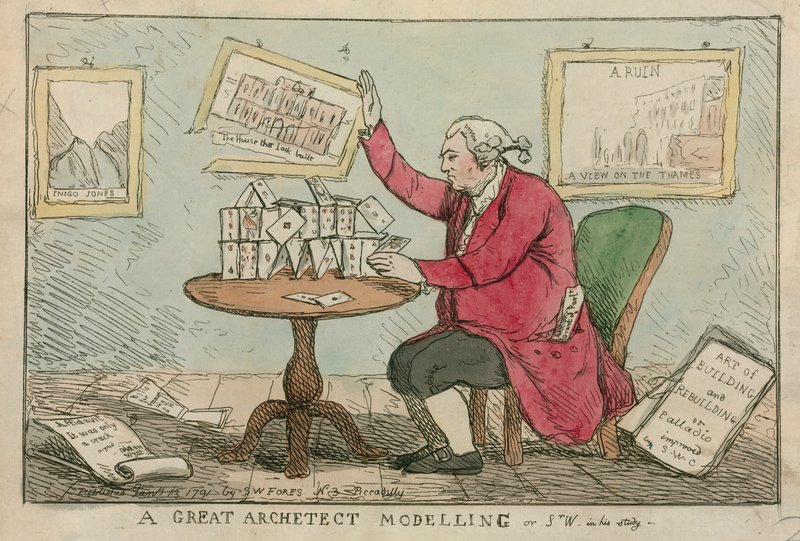 Un gran arquitecto modelando - caricatura de Sir William Chambers, arquitecto de Somerset House de English School